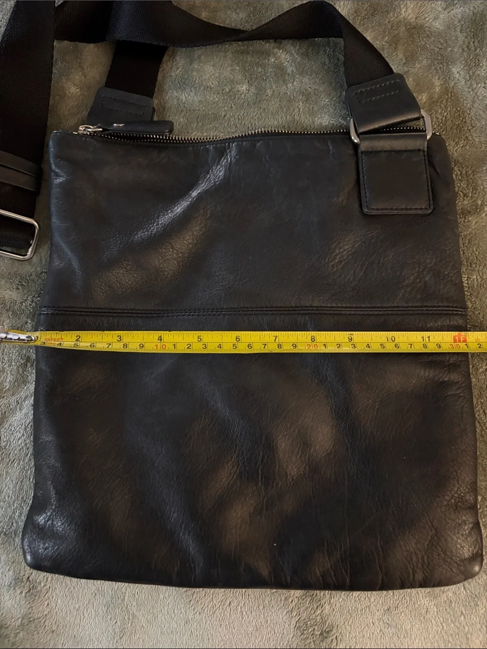 Men's or Womens Black Leather Messenger Bag with Silver Zippers